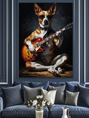 Tablomega Gitar Çalan Havalı Köpek Portresi Dekoratif Kanvas - Mdf Ahşap Tablo