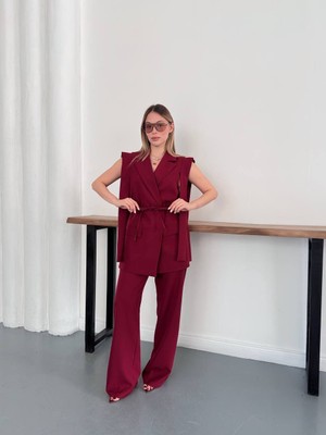 My Lunessa Kadın Alt Üst Ikili Bordo Takım Omuz Detaylı Kuşaklı Yelek Pantolon Takım