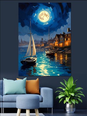 Karizma Tablo Dolunay Altında Gece Denizi Dekoratif Kanvas - Mdf Ahşap Tablo