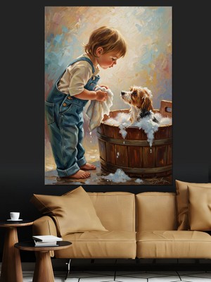 Karizma Tablo Köpeğini Küvette Yıkıyan Küçük Çocuk Dekoratif Kanvas - Mdf Ahşap Tablo