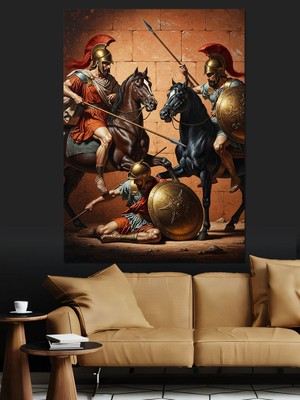 Karizma Tablo At Üstünde Mızraklı Antik Şövalyeler Dekoratif Kanvas - Mdf Ahşap Tablo