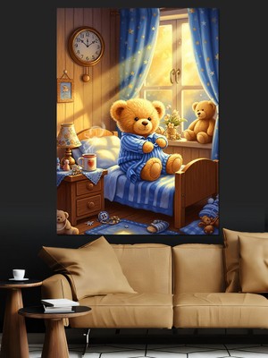 Karizma Tablo Yatağında Uyuyan Sevimli Oyuncak Ayı Dekoratif Kanvas - Mdf Ahşap Tablo