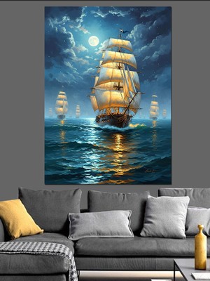 Karizma Tablo Yıldızlı Gece Yelkenli Gemi Dekoratif Kanvas - Mdf Ahşap Tablo