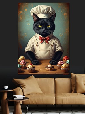 Karizma Tablo Mutfakta Tatlı Yapan Kedi Şef Dekoratif Kanvas - Mdf Ahşap Tablo