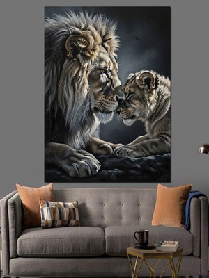 Karizma Tablo Yavrusuyla Şefkatle Duran Aslan Portresi Dekoratif Kanvas - Mdf Ahşap Tablo