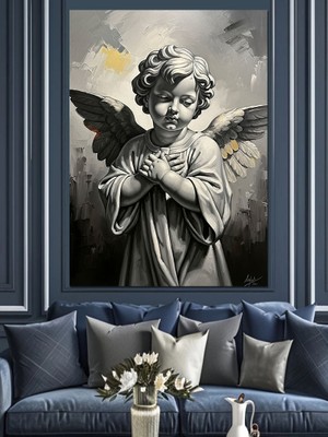 Karizma Tablo Heykel Tarzında Küçük Melek Figürü Dekoratif Kanvas - Mdf Ahşap Tablo