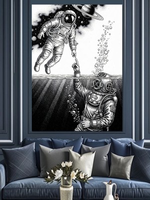Karizma Tablo Su Altında El Ele Astronotlar Dekoratif Kanvas - Mdf Ahşap Tablo