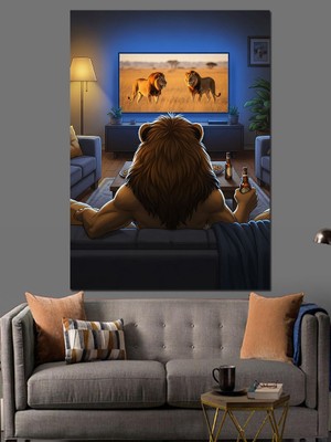 Karizma Tablo Televizyon Izleyen Heybetli Aslan Kral Dekoratif Kanvas - Mdf Ahşap Tablo