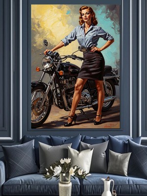 Karizma Tablo Motosikletli Şık Modern Kadın Dekoratif Kanvas - Mdf Ahşap Tablo