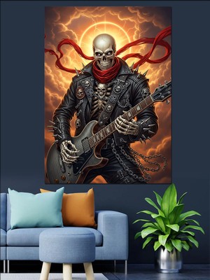 Karizma Tablo Gitar Çalan Iskelet Savaşçı Dekoratif Kanvas - Mdf Ahşap Tablo