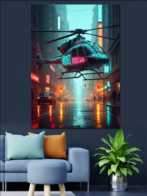 Karizma Tablo Gece Şehri ve Helikopter Figürü Dekoratif Kanvas - Mdf Ahşap Tablo