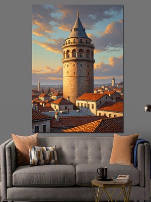 Karizma Tablo Galata Kulesi ve Istanbul Şehri Dekoratif Kanvas - Mdf Ahşap Tablo