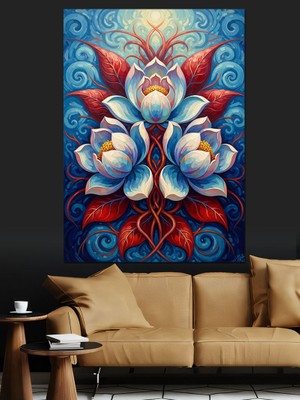 Karizma Tablo Simetrik Mavi Çiçek Deseni Dekoratif Kanvas - Mdf Ahşap Tablo