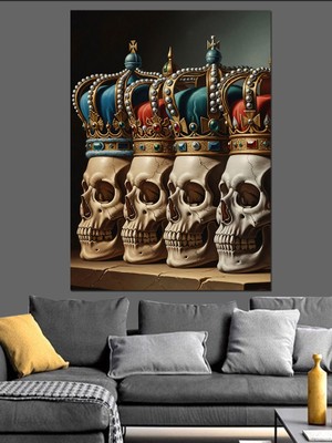 Karizma Tablo Üçlü Antika Kurukafa Tacı Dekoratif Kanvas - Mdf Ahşap Tablo