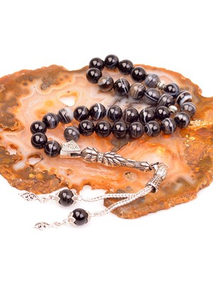 Taş Sandığı Siyah Hareli Akik Taşı Tesbih (8 Mm)