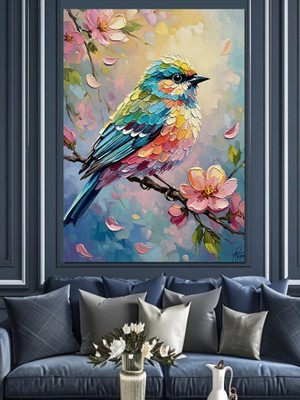 Karizma Tablo Bahar Dalında Renkli Küçük Kuş Dekoratif Kanvas - Mdf Ahşap Tablo