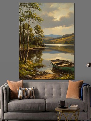 Karizma Tablo Gölde Kayık ve Doğa Manzarası Dekoratif Kanvas - Mdf Ahşap Tablo