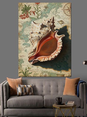 Karizma Tablo Deniz Kabuğu ve Antik Harita Dekoratif Kanvas - Mdf Ahşap Tablo