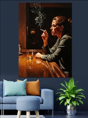 Karizma Tablo Bardaki Kadın ve Sigara Dumanı Dekoratif Kanvas - Mdf Ahşap Tablo