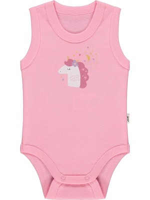 Civil Baby Pembe Unicorn Baskılı Ribana Kumaş Çıtçıtlı Badi 6-9 Ay Düz Desenli Kız Çocuk İçin