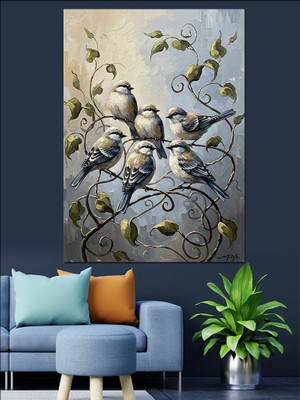 Karizma Tablo Dalda Yan Yana Duran Üç Küçük Kuş Dekoratif Kanvas - Mdf Ahşap Tablo