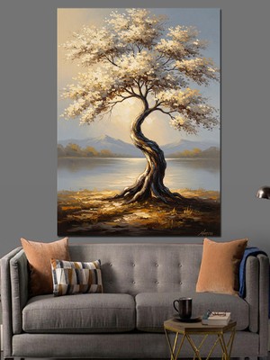 Karizma Tablo Beyaz Çiçekli Hayat Ağacı Sanatı Dekoratif Kanvas - Mdf Ahşap Tablo