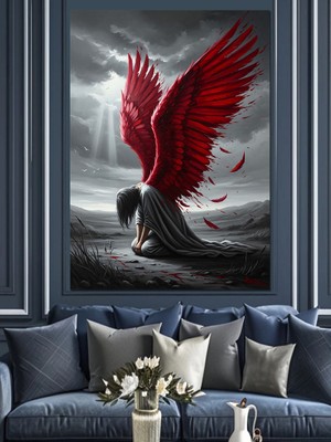 Karizma Tablo Kırmızı Kanatlı Eğilen Melek Figürü Dekoratif Kanvas - Mdf Ahşap Tablo