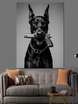 Karizma Tablo Silah Tutan Siyah Köpek Dekoratif Kanvas - Mdf Ahşap Tablo