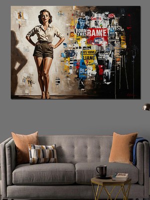 Karizma Tablo Grafiti Duvar Önünde Şık Kadın Dekoratif Kanvas - Mdf Ahşap Tablo