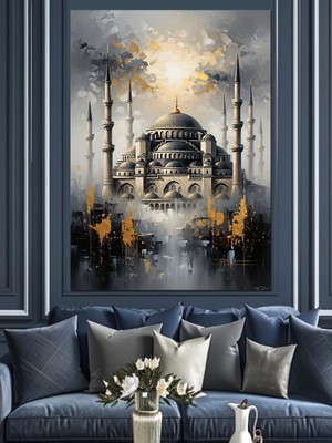 Karizma Tablo Altın Parıltılı Istanbul Camii Görünümü Dekoratif Kanvas - Mdf Ahşap Tablo