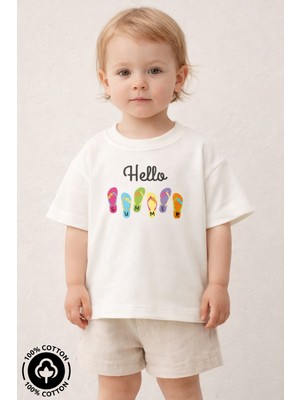 Miniel Kız Bisiklet Yaka Hello Summer Baskılı %100 Pamuklu Oversize T-Shirt Bebek-Çocuk