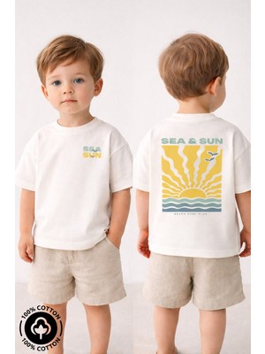 Miniel Unisex Bisiklet Yaka Sea Sun Baskılı %100 Pamuklu Oversize T-Shirt Bebek-Çocuk