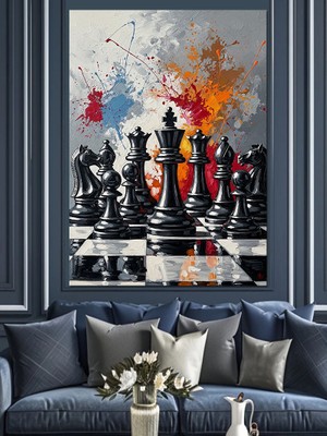 Karizma Tablo Satranç Tahtasında Savaşan Taşlar Dekoratif Kanvas - Mdf Ahşap Tablo