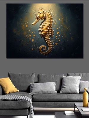 Karizma Tablo Altın Rengi Işlemeli Denizatı Figürü Dekoratif Kanvas - Mdf Ahşap Tablo