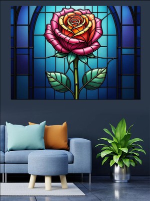 Karizma Tablo Vitray Sanatı Kırmızı Gül Tablosu Dekoratif Kanvas - Mdf Ahşap Tablo