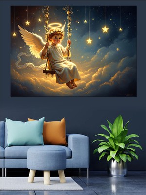 Karizma Tablo Yıldızlı Gecede Sallanan Küçük Melek Dekoratif Kanvas - Mdf Ahşap Tablo