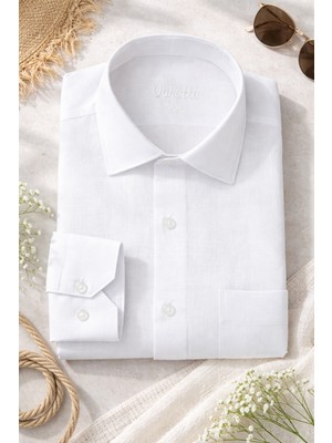 Varetta Erkek Beyaz Gömlek Keten Efektli Cepli Uzun Kollu Pamuklu