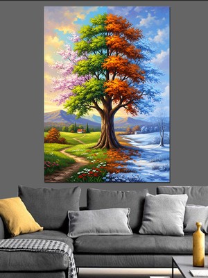 Karizma Tablo Rengarenk Yapraklı Bahar Ağacı Tablosu Dekoratif Kanvas - Mdf Ahşap Tablo