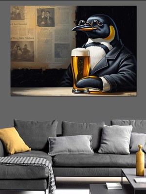 Karizma Tablo Bira Içen Şık Penguen Portresi Dekoratif Kanvas - Mdf Ahşap Tablo