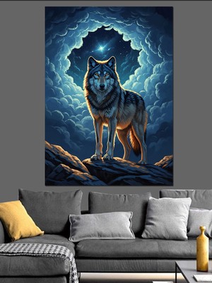 Karizma Tablo Bulutlar Arasında Uluyan Mavi Kurt Dekoratif Kanvas - Mdf Ahşap Tablo