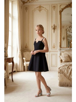 Kız Çocuk Abiye Siyah Kısa Krep  Elbise Taş Kordon Omuz Detaylı Fiyonklu Şık Davet Elbisesi 10-15 Yaş