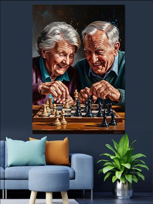 Karizma Tablo Satranç Oynayan Yaşlı Çift Tablosu Dekoratif Kanvas - Mdf Ahşap Tablo