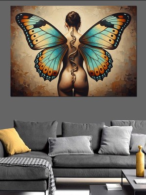 Karizma Tablo Kelebek Kanatlı Çıplak Kadın Sırtı Dekoratif Kanvas - Mdf Ahşap Tablo