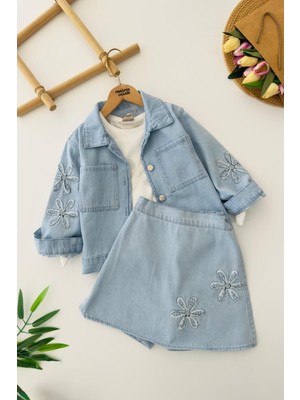 Miniğimin Cicileri Papatya Nakışlı Kot Ceketli Etekli Kız Çocuk 3’lü Jean Takım - Açık Mavi