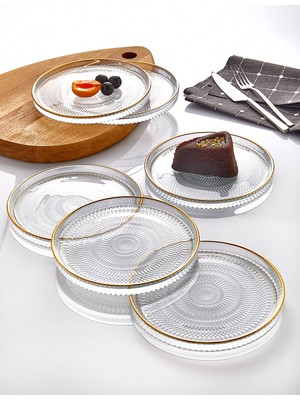 6'lı Cam Kek Pasta Tabağı Seti, Yaldızlı, 16 Cm, Şık ve Zarif Tasarım