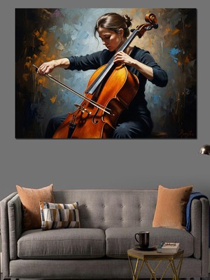 Karizma Tablo Çello Çalan Kadın Müzisyen Portresi Dekoratif Kanvas - Mdf Ahşap Tablo