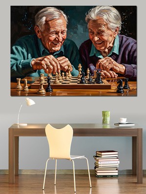 Karizma Tablo Satranç Oynayan Tatlı Yaşlı Çift Dekoratif Kanvas - Mdf Ahşap Tablo