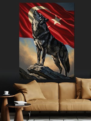 Karizma Tablo Türk Bayraklı Kurt ve Bozkurt Dekoratif Kanvas - Mdf Ahşap Tablo