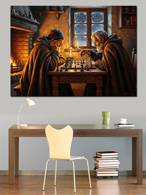 Karizma Tablo Satranç Oynayan Bilge Yaşlı Adamlar Dekoratif Kanvas - Mdf Ahşap Tablo