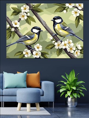 Karizma Tablo Çiçekli Dalda Duran Iki Kuş Dekoratif Kanvas - Mdf Ahşap Tablo